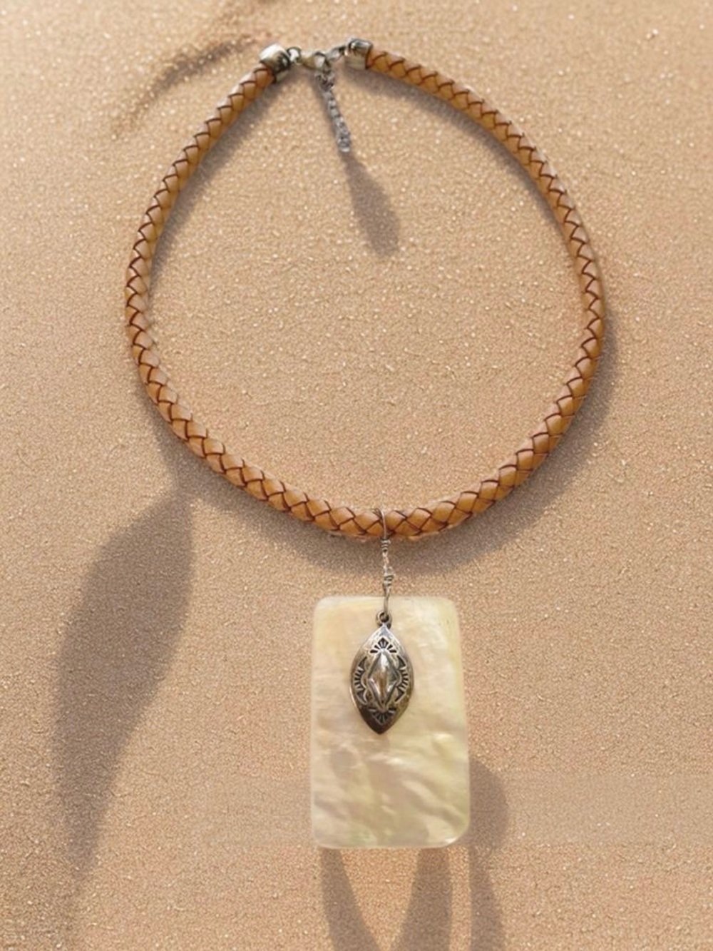 Silpada Vintage  Mother-of-Pearl and Sterling Pendant on Tan Braided Cord N0958